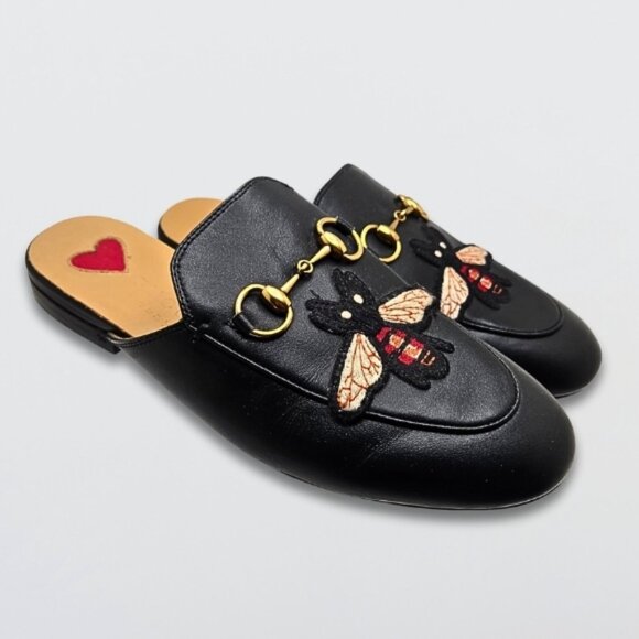 Gucci Princetown Mules Horsebit Bee Embroidered Slip-On Leather Black Women's 35 - Picture 2 of 10